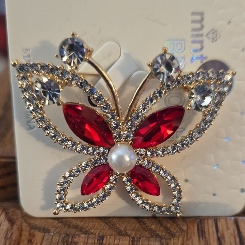 Mint Gold and Red Crystal Butterfly Brooch